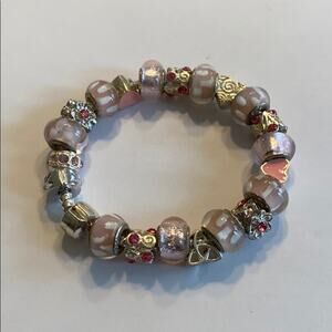 Pink beaded bracelet silver tone chain glass beads